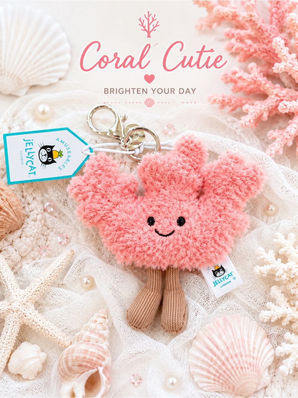Jellycat Amuseables Coral bag charm keychain NWT